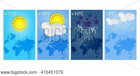 Vertical Posters Set Different Types Of Weather Forecast. Thunderstorm, Rain, Sunny Day, Night And W