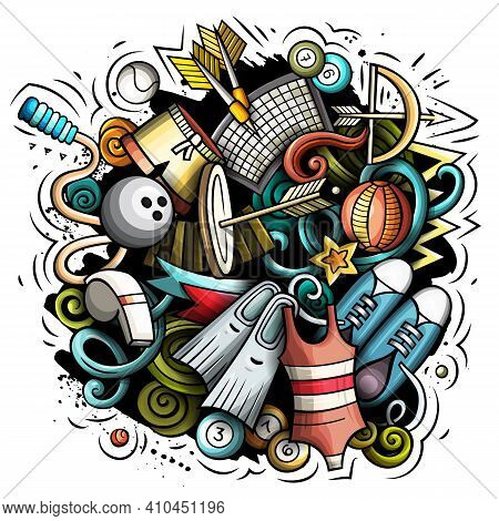 Sport Cartoon Doodle Illustration. Funny Creative Vector Background. Sporting Elements And Objects. 