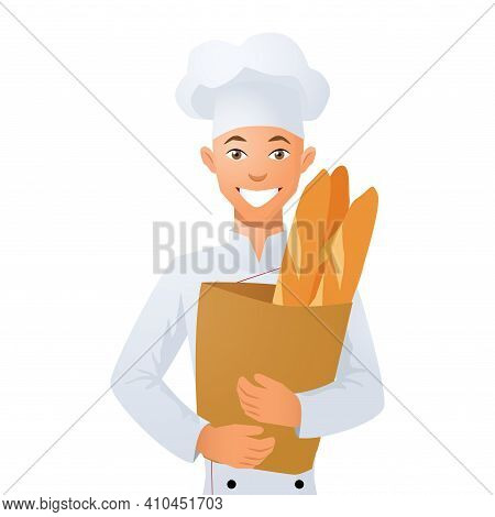 The Baker Is Holding A Bag Of Bread. Vector Illustration.