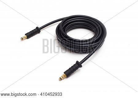 High Pressure Hose For Pressure Washer On White Background, Isolate. Industrial Tool