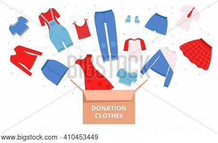 Donation Clothes. Help Urban Needed Clothes Sweaters Dresses Pants For Poor People Nowaday Vector Il