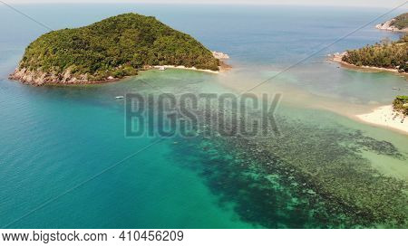 Aerial Drone View Small Koh Ma Island, Ko Phangan Thailand. Exotic Coast Panoramic Landscape, Mae Ha