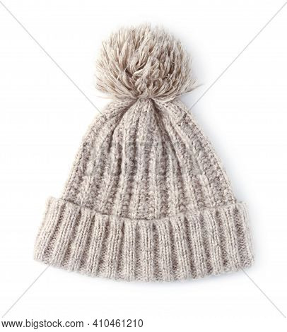 Woolen Winter Knitted Hat With Pompom Isolated On White