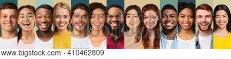 Collection Of Beautiful Young People Portraits In A Row Collage On Different Backgrounds. Millennial