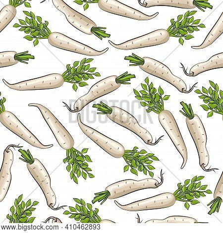 Daikon Radish Vector Seamless Pattern On A White Background For Packing, Wrapping, Labels And Backdr