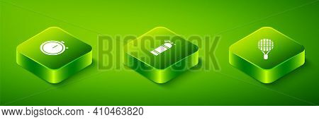 Set Isometric Aqualung, Tennis Racket And Stopwatch Icon. Vector