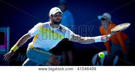 MELBOURNE - 14 gennaio: Fernando Verdasco di Spagna nella sua prima vittoria rotonda sopra David Goffin di Belg