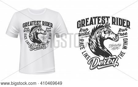Horse Stallion Racing T-shirt Vector Print. Thoroughbred Steed, Horse Stud Head Engraving Illustrati