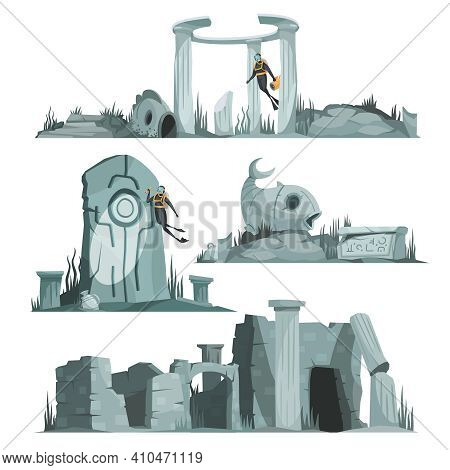 Atlantis Ruins Isolated Compositions Set Of Ancient Pavilion Rotunda Columns Arch Cartoon Vector Ill