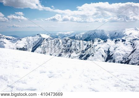 Mountain Descent And Mountains. Clouds In The Sky. Ski Destination In Georgia. Gudauri.