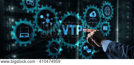 The Man Clicks On The Inscription Vtp. Vlan Trunking Protocol. Virtual Local Area Network