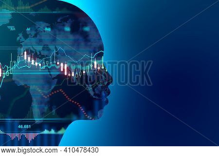 Ivestment Advice By Artificial Intellingence Concept With Head Silhouette And Stock Market Graphs An
