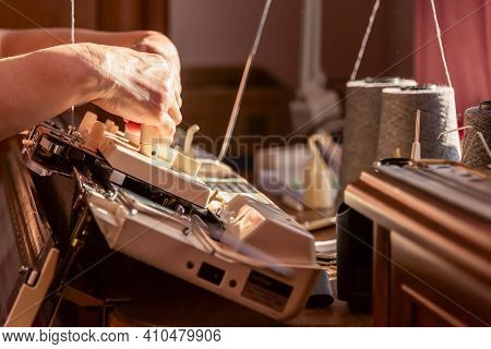 Womans Hands Working With Knitting Machine, Knitting As Womans Hobbies. Small Business Of Garment Ma