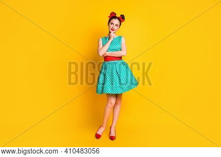 Full Length Photo Of Girl Touch Hands Chin Look Copyspace Think Wear Legs Skirt Isolated Shine Color