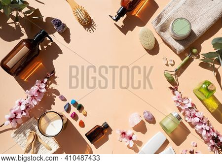 Gua Sha, Face Massage Jade Roller Made Of Natural Stone And Home Spa Set, Frame With Copy Space