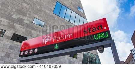 Groningen, Netherlands - March 14, 2020: Panorama Of The Sign At The Entrance Of The Underground Par