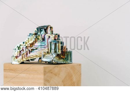 Amazing Colorful Rainbow Bismuth Gemstone On White Background. Copy, Empty Space For Text