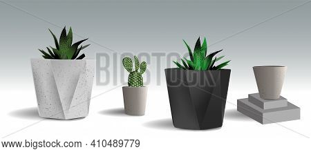 A Set Of Pots Of Different Shapes, Empty Pots And Pots With Flowers And Plants. Potted Plants Eps 8 