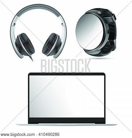 Laptop, Headphone, Watch Mockup. Pc Screen, Earphone, Smart Watch Black Illustration. Digital Wirstw