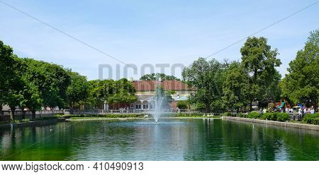 BROOKFIELD, ILLINOIS - MAY 27, 2017: Formal Pool at the Brookfield Zoo. Ducks, geese and pelicans frequent the pool year round.