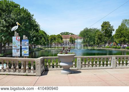 BROOKFIELD, ILLINOIS - MAY 27, 2017: Formal Pool at the Brookfield Zoo. Ducks, geese and pelicans frequent the pool year round.
