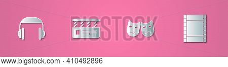 Set Paper Cut Headphones, Movie Clapper, Comedy And Tragedy Masks And Play Video Icon. Paper Art Sty