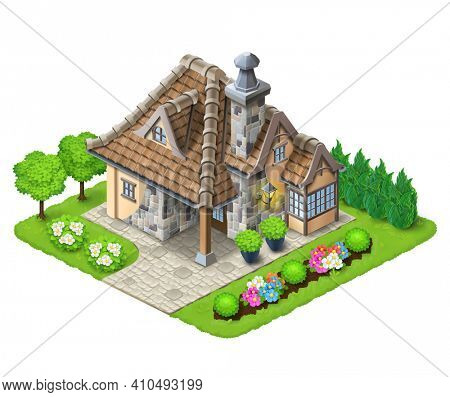 PrintIsometric 3D house illustration adapted for use in games and large scenes of settlements and cities. Freehand illustration of an beautiful house surrounded by grass, trees and flowers. 