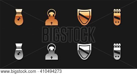 Set Old Money Bag, Monk, Shield And Quiver With Arrows Icon. Vector