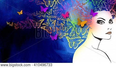 Conceptual Abstract Graphic Design Of Beautiful Woman's Face With Colorful Butterflies In Flight As 