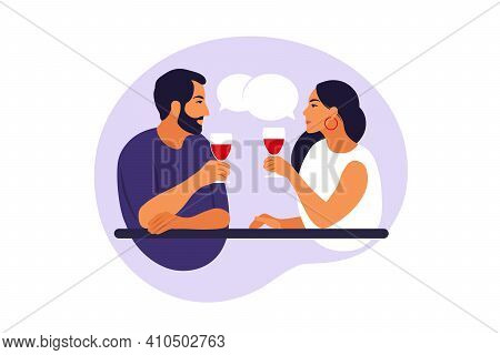 Friendly Or Love Meeting Woman And Man Concept. Cheerful Couple Sitting At Table, Talking, Laughing,