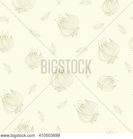 Asparagus Green Outlined Lotus Flowers And Buds Falling Seamless Pattern With Very Light Yellowish G