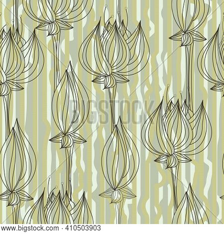Asparagus Green Outlined Lotus Flowers And Buds Falling Seamless Pattern With Very Light Yellowish G