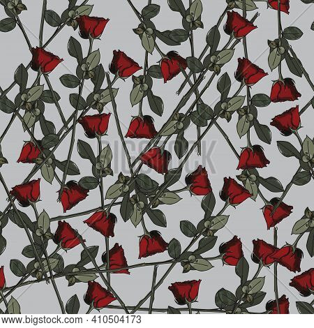 Red Roses Spreaded Seamless Repeating Pattern With Light Grey Background. Vector Illustration