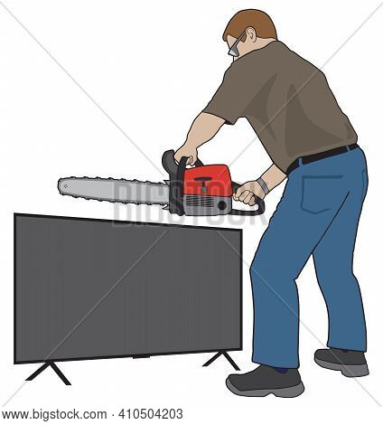 A Man Fed Up With What Is On His Tv Is Cutting It Up With A Chainsaw