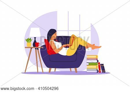 Woman Lies With Laptop On Armchair. Concept Illustration For Working, Studying, Education, Work From