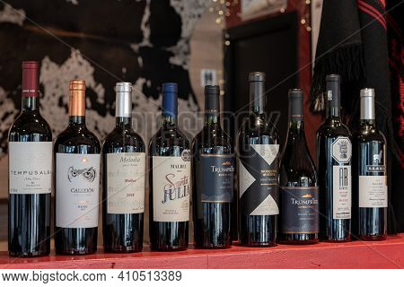 Andorra La Vella, Andorra: 2021 February 25: Argentine Wines In A Typical Restaurant In Winter 2021.