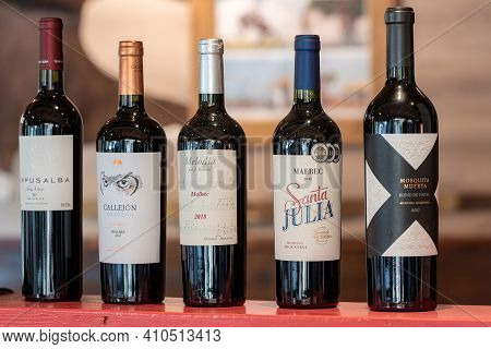 Andorra La Vella, Andorra: 2021 February 25: Argentine Wines In A Typical Restaurant In Winter 2021.