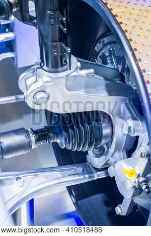 car front driving axle in the car, visible elements of the steering system