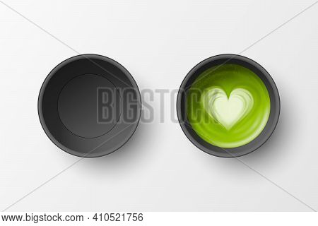 Vector 3d Realistic Paper Black Disposable Cup Set Isolated On White Background. Green Milk Foam Mat