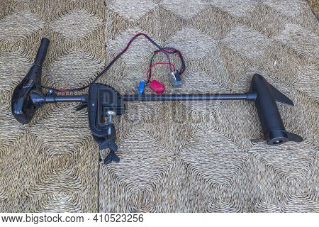 Close-up View Of An Electric Motor For A Boat. Fishing Concept.