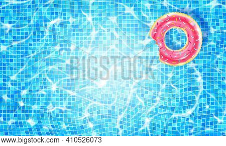 Swimming Pool With Floating Ring, Caustic Ripple And Sunlight Glare Effect. Aquatic Surface With Wav