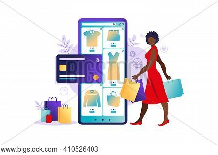 African Women Shopping Online On Mobile Phone. Online Store Payment. Bank Credit Cards, Secure Onlin