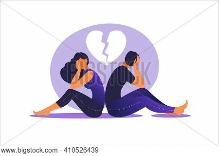 Man And A Woman In A Quarrel. Conflicts Between Husband And Wife. Two Characters Sitting Back To Bac