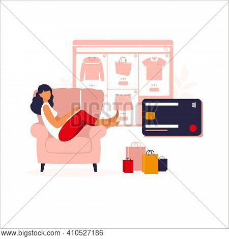 Women Shopping Online On Laptop. Vector Illustration. Online Store Payment. Bank Credit Cards. Digit
