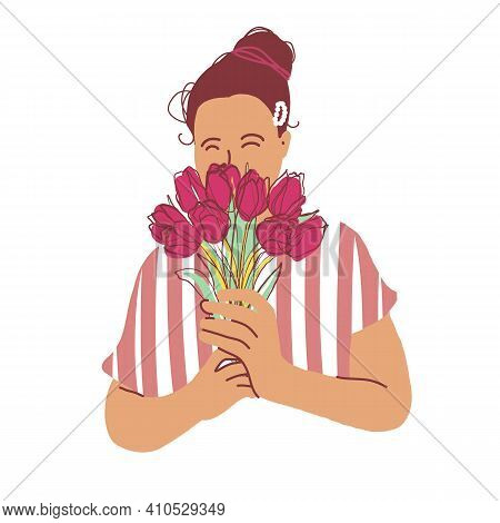 Woman With Tulips Bouquet Flat Vector Illustration. Character Female Paint Image Isolated On White. 