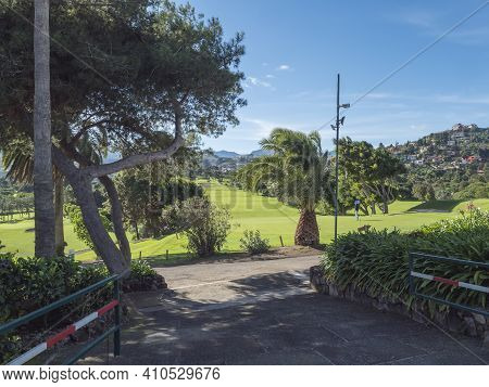 Las Palmas, Gran Canaria, Canary Islands, Spain December 16, 2020: View Over Green Golf Course Of Re