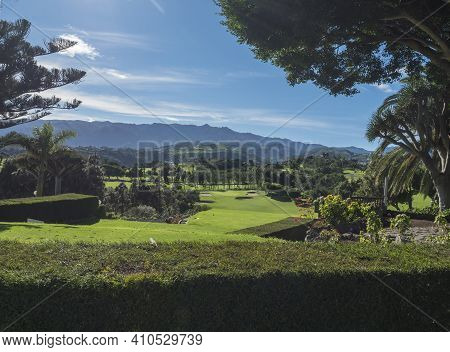 Las Palmas, Gran Canaria, Canary Islands, Spain December 16, 2020: View Over Green Golf Course Of Re