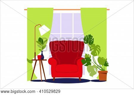 Cozy Interior Of A Modern Living Room With An Armchair, Room Plants, Window And Lamp. Vector Illustr