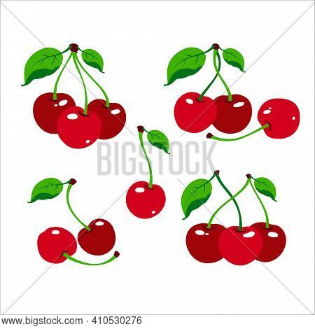 Cherry Logo. Cherry Berry With Leaves. Isolated Berries On White Background. Collection Of Different
