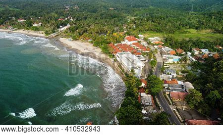 Aerial View Of Karang Bolong Beach And Its Wonderful Sunset View. At Anyer Beach With Noise Cloud An